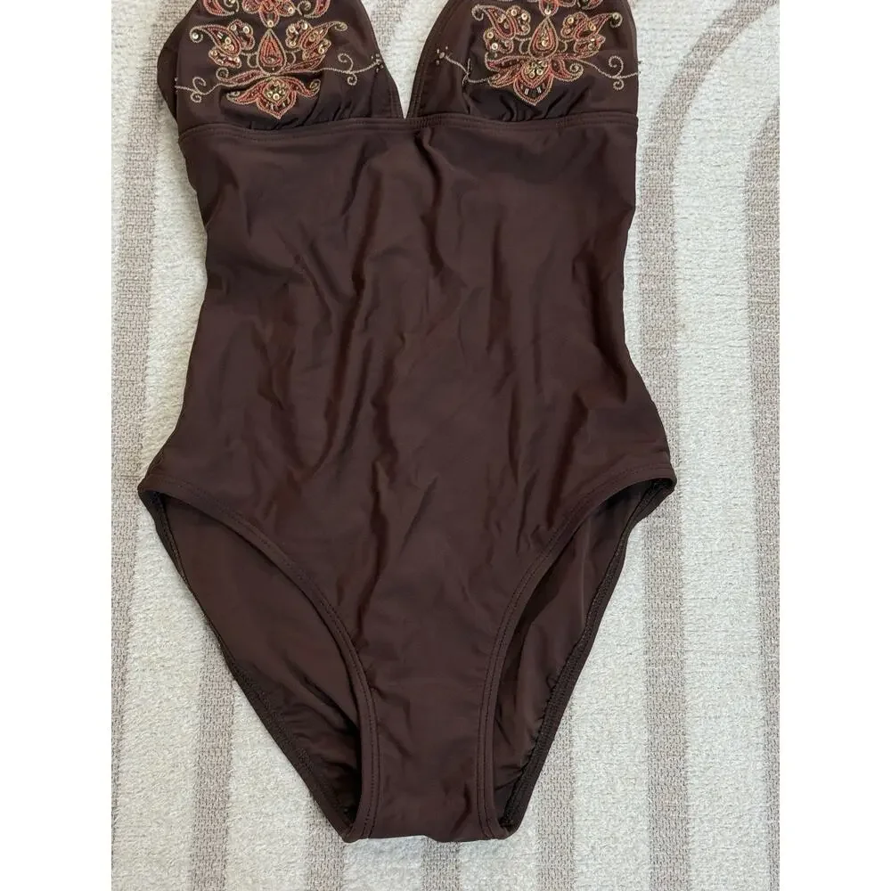 Liquid Blue Brown Halter One Piece Swimsuit Beaded Embroidered Swimwear Size M